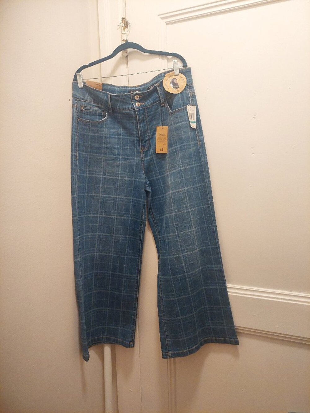 Curve Appeal Blue Wide Leg Plaid Denim Jeans NWT 16